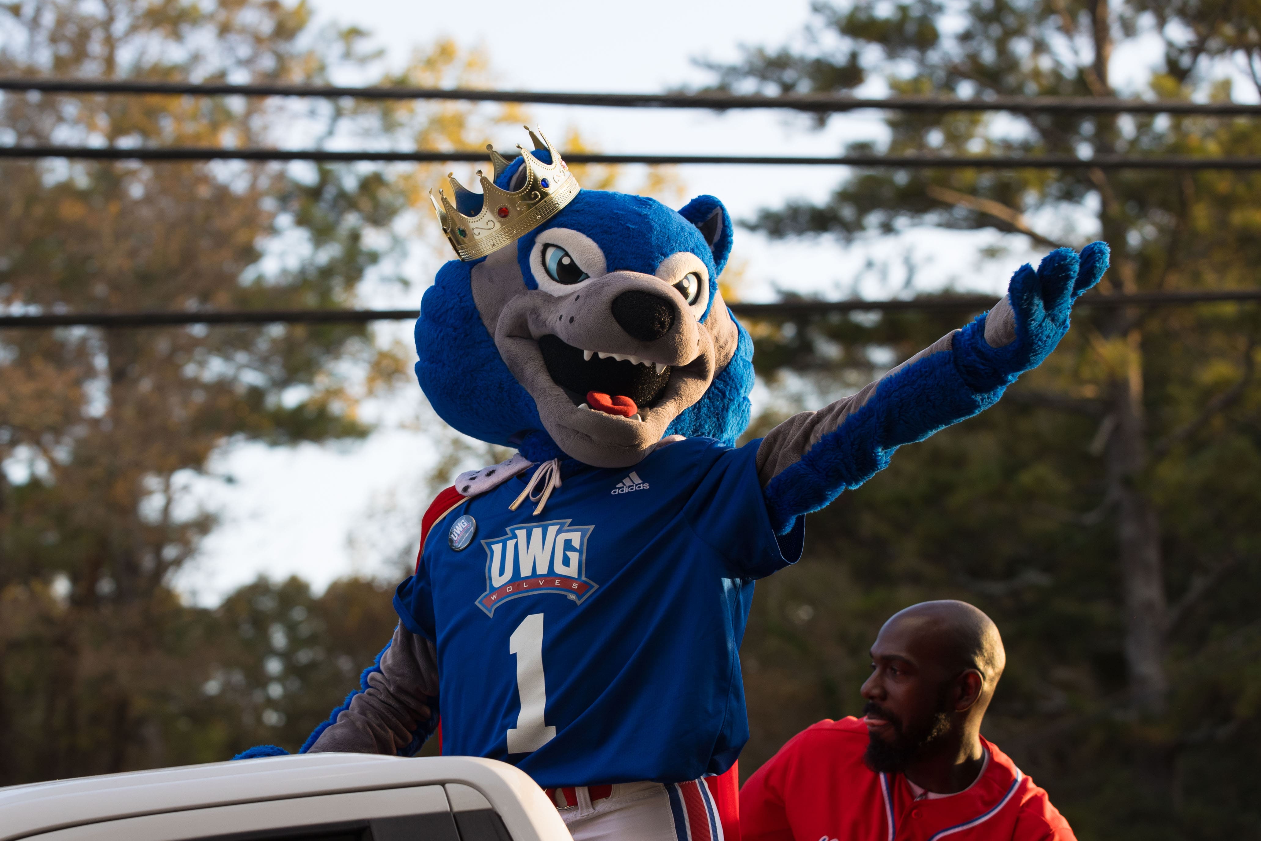 Wolfie, sporting a crown over his right ear, waves to fans during a parade.