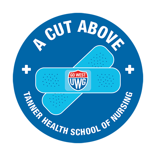 Sticker with blue background and A Cut Above Tanner Health School of Nursing and two bandages crossed with Go West UWG.