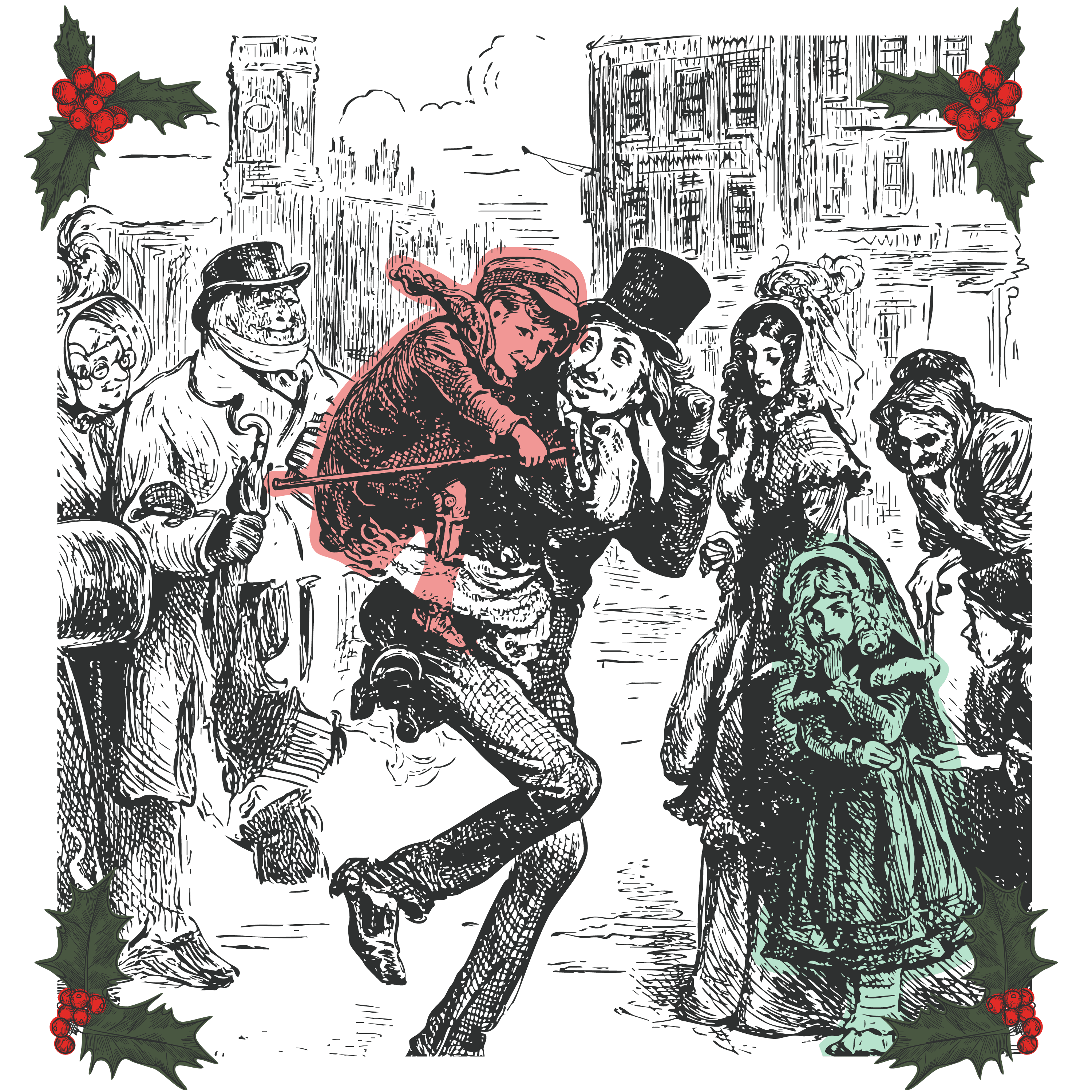 Artistic drawing of the tiny tim christmas carol play image, featuring tiny tim and other townspeople in a sketch style.