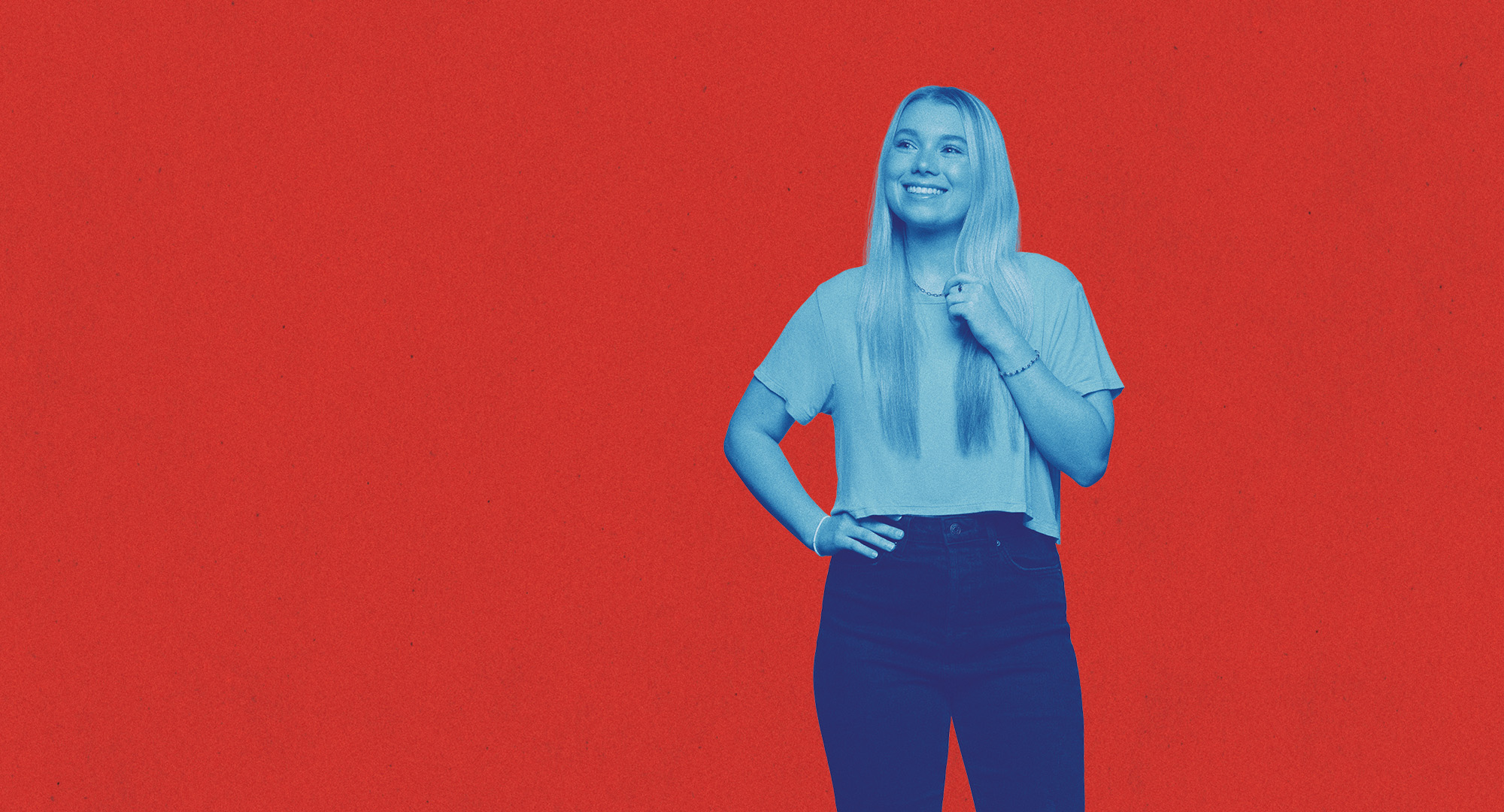 UWG Student looking to the sky smiling, colored in blue, over a red textured background.