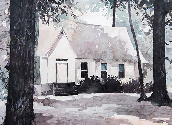 A watercolor rendering of UWG's Kennedy Chapel by Jacey Singleton.  