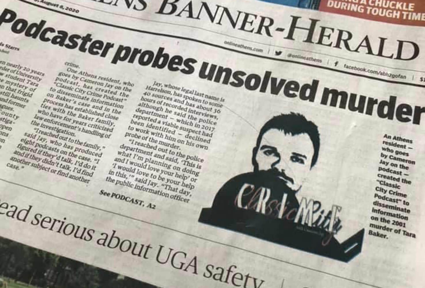 Newspaper showing UWG alumnus Cameron Jay Harrelson