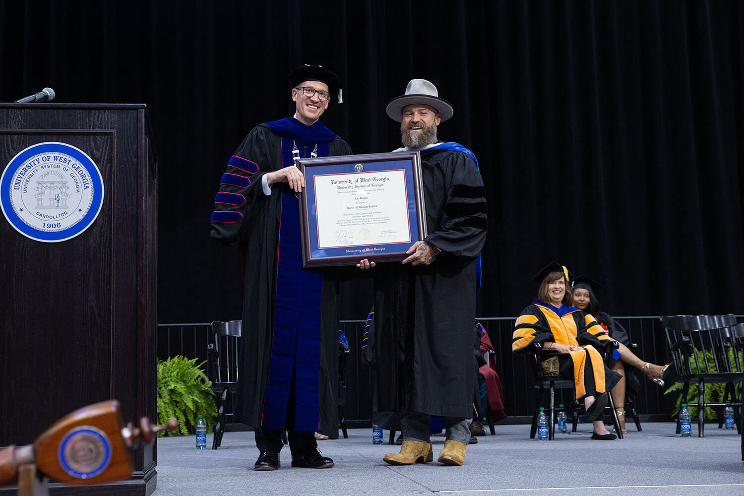 UWG President Brendan Kelly with honorary degree recipient and musician Zac Brown