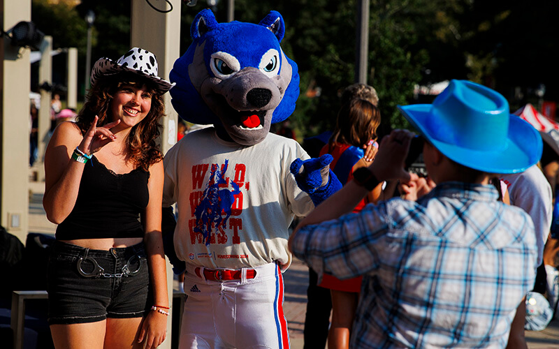 Wolfie and a friend at UWG's Homecoming 2024