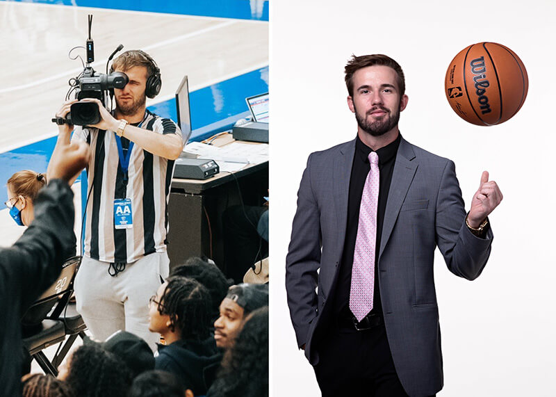 Drew Gentry ’23 with UWG Productions, left, and the NBA, right