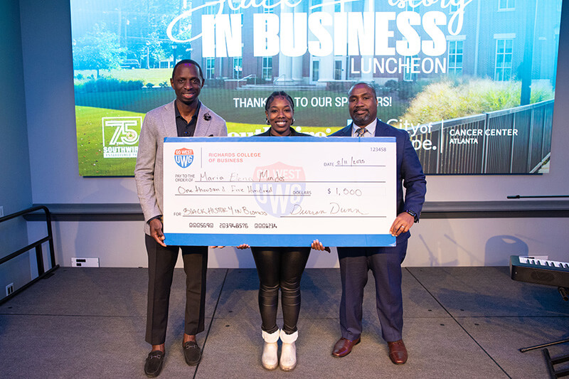 L to R: Keynote speaker Durran Dunn, UWG student Maria Mendes and Richards College of Business Dean Dr. Christopher Johnson