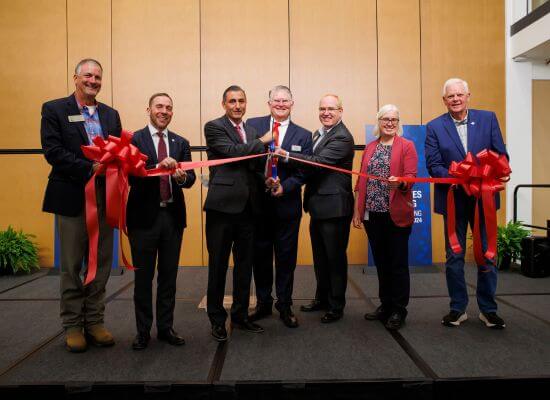 L to R: David Huddleston, state representative; Dr. Russell Crutchfield, chief operating officer for Gov. Brian Kemp; Dr. Ashwani Monga, UWG interim president; Clint Samples, UWG interim dean of the College of Humanities, Arts and Social Sciences; Dr. Jon Preston, UWG provost and senior vice president; Sandra Neuse, USG vice chancellor of real estate and facilities; Brett Ledbetter, city councilman