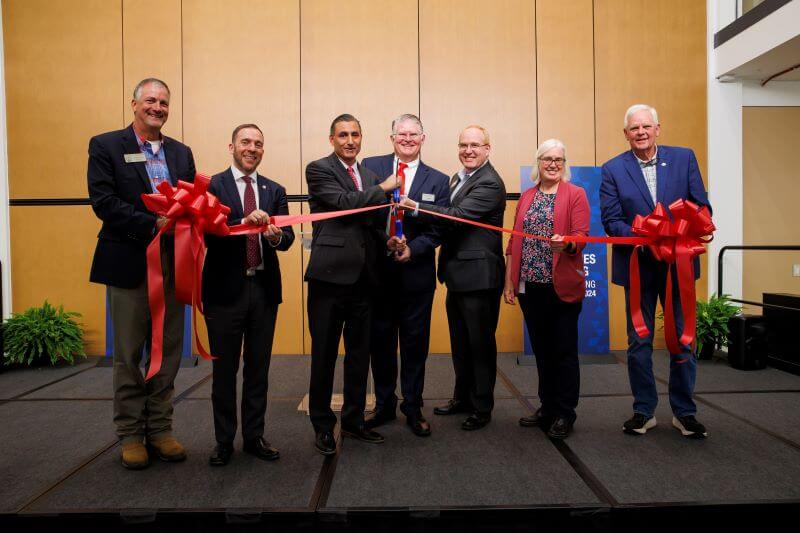 L to R: David Huddleston, state representative; Dr. Russell Crutchfield, chief operating officer for Gov. Brian Kemp; Dr. Ashwani Monga, UWG interim president; Clint Samples, UWG interim dean of the College of Humanities, Arts and the Social Sciences; Dr. Jon Preston, UWG provost and senior vice president; Sandra Neuse, USG vice chancellor of real estate and facilities; Brett Ledbetter, city councilman