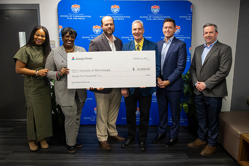 L to R: Taylor Bryant, SCFM clinical associate professor and bluestone faculty advisor, UWG; Dr. Hazel Cole, SCFM program head, UWG; Jacob Hawkins, director of public relations, Georgia Power; Dr. Brad Yates, SCFM dean, UWG; Fredie Carmichael, vice president of corporate affairs, Georgia Power; Matthew Kent, public relations and communications specialist for Georgia Power