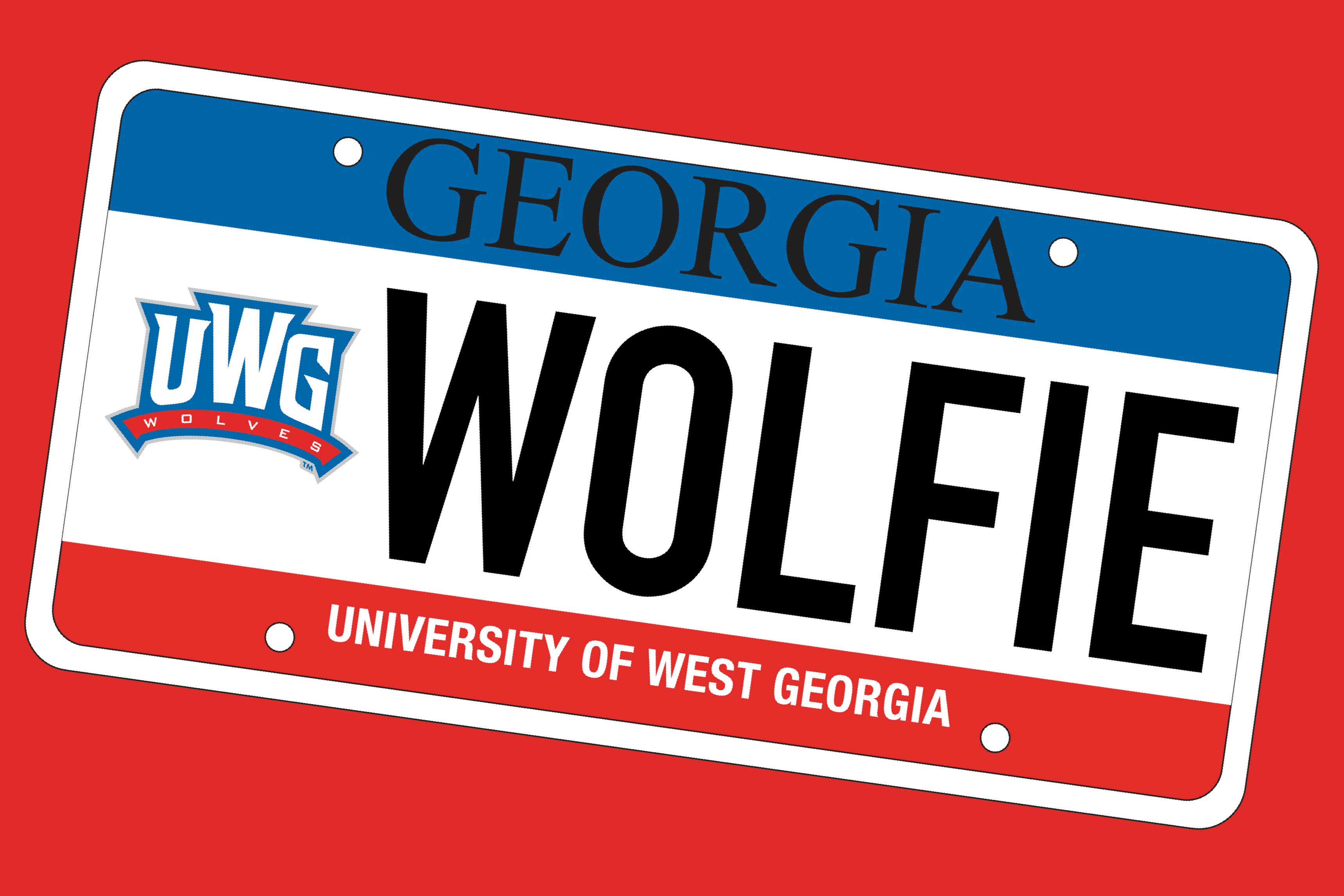 UWG License Plate featuring a red background with a red, white, and blue license plate with the tag reading "WOLFIE".